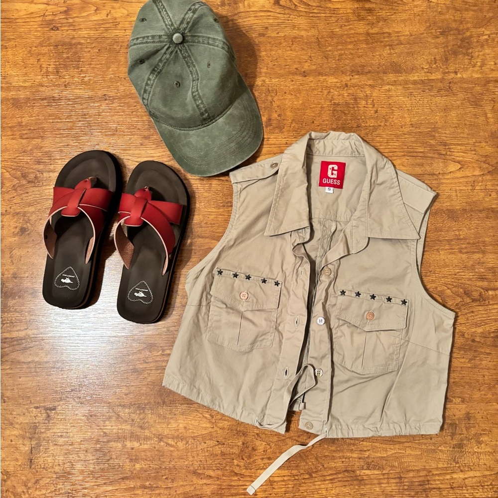 Guess Beige Vest with Red Sandals and Green Cap